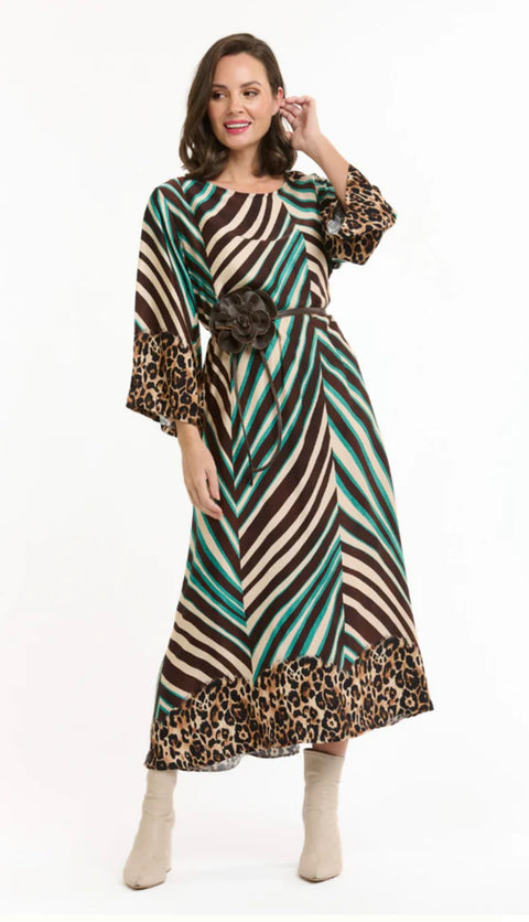 Ava Stripe Dress Choc/Torquoise