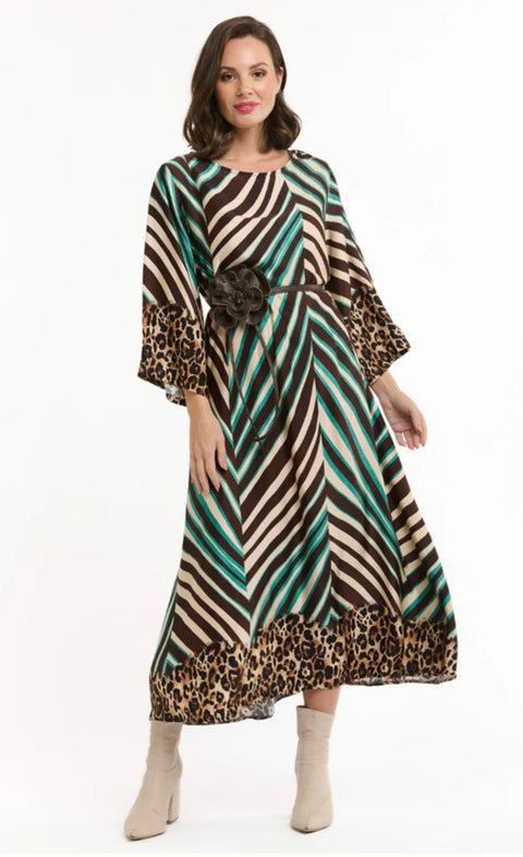 Ava Stripe Dress Choc/Torquoise